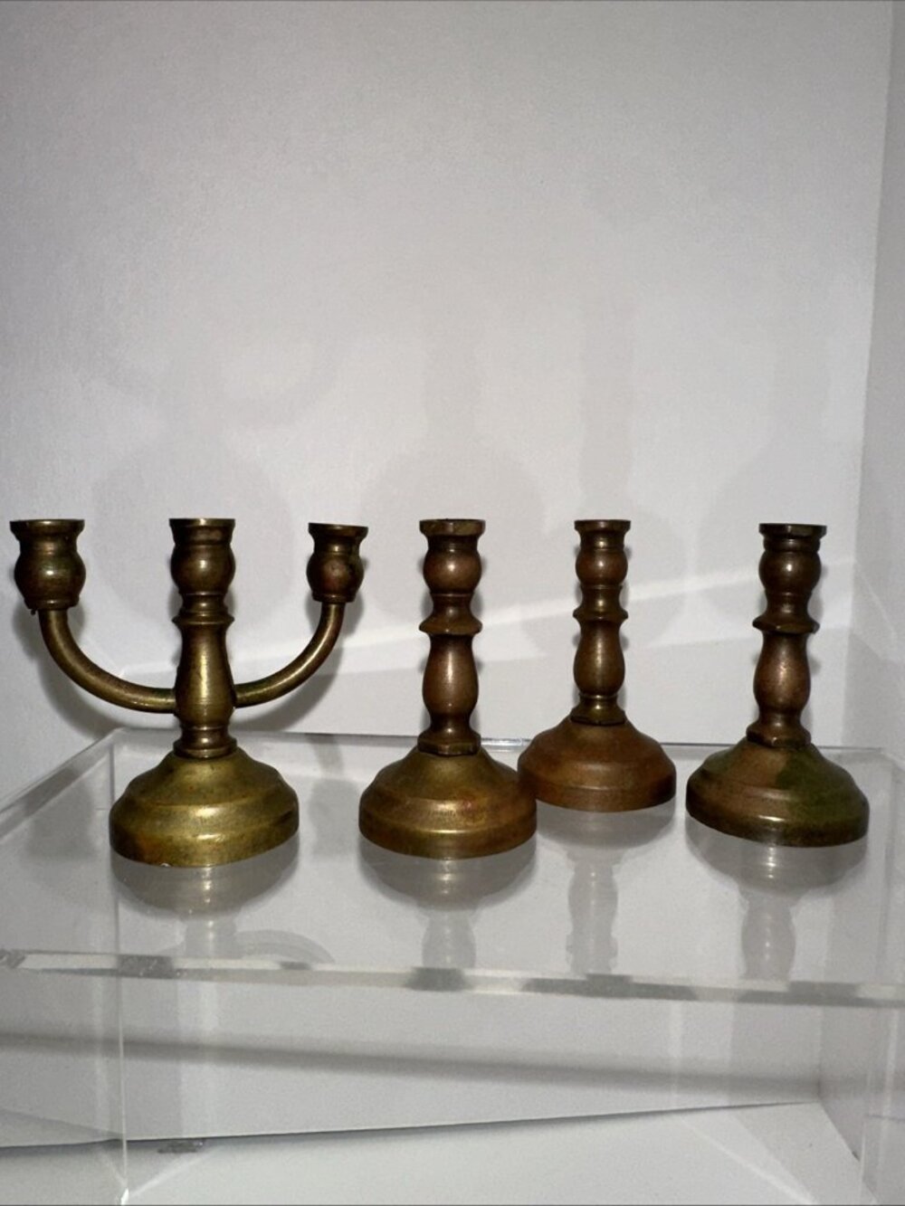 Miniature Brass Candelabra And 3 Candlesticks Vintage 1.5” Tall Dollhouse decor
